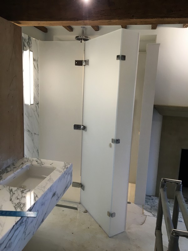 Bespoke frosted glass shower enclosure in Harlesden luxury bathroom